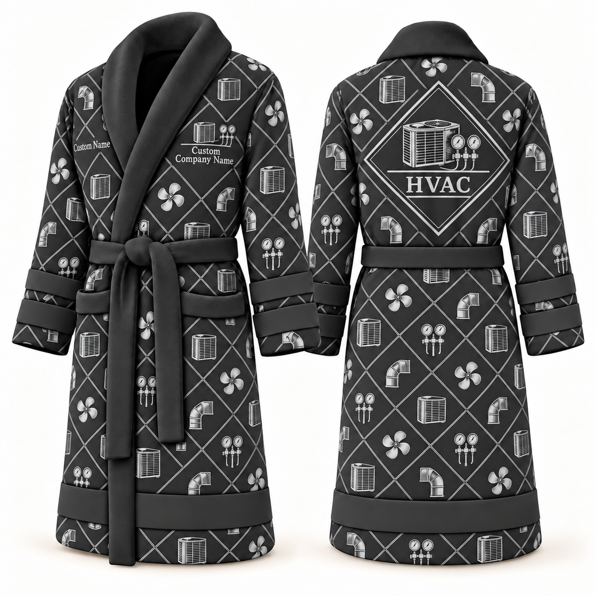 Personalized HVAC Bathrobe - Diamond Emblems slate front and back view