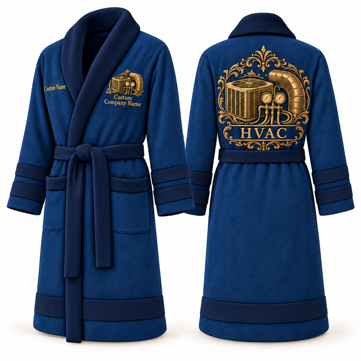 Personalized HVAC Bathrobe - Heritage Crest blue front and back view
