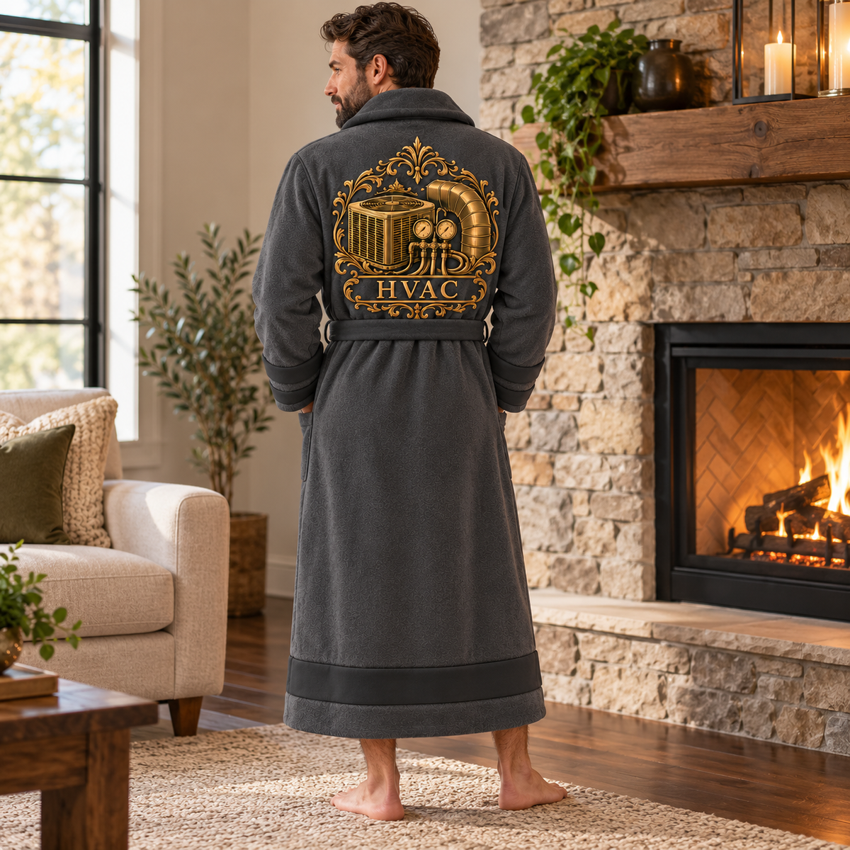 Personalized HVAC Bathrobe - Heritage Crest lifestyle view