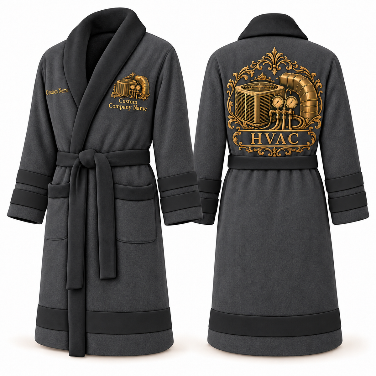 Personalized HVAC Bathrobe - Heritage Crest slate front and back view