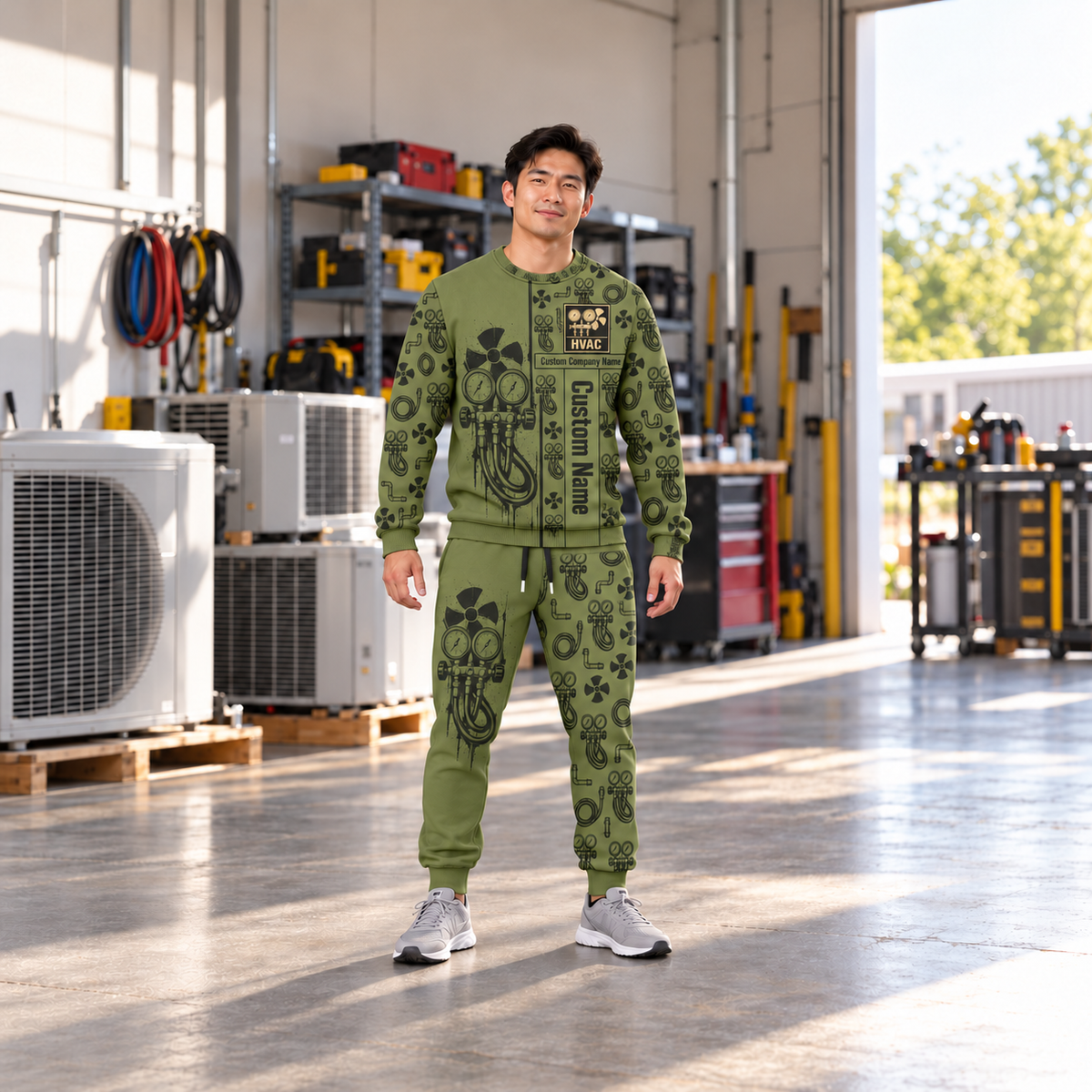 HVAC occupation-themed sweater and jogger combo on a model with name and company artwork