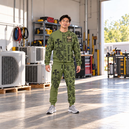 HVAC occupation-themed sweater and jogger combo on a model with name and company artwork