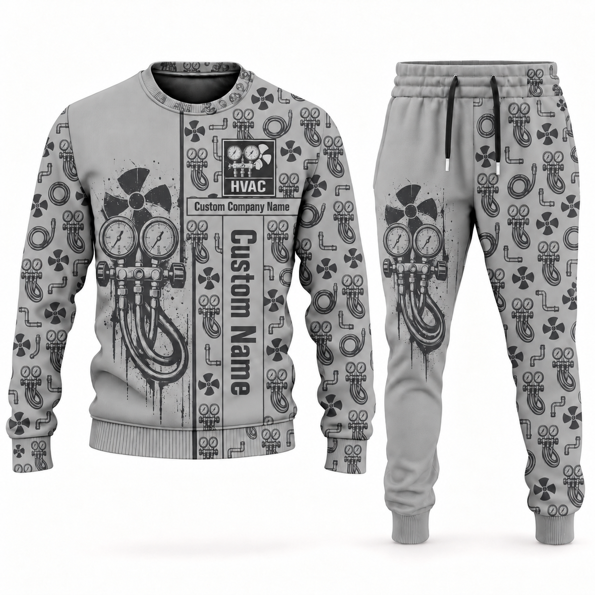 HVAC occupation-themed sweater and jogger combo lightgray color with name and company artwork