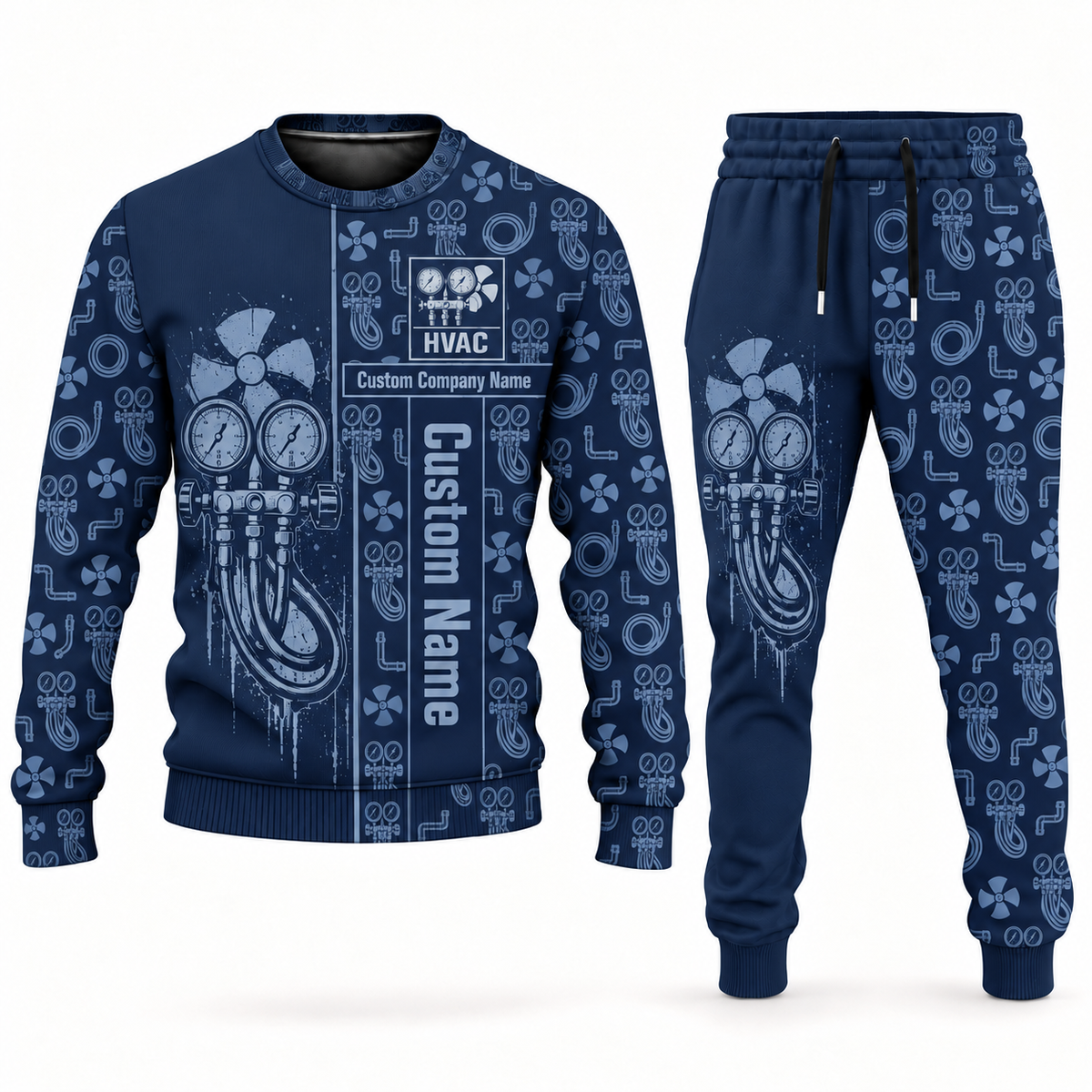 HVAC occupation-themed sweater and jogger combo navy color with name and company artwork