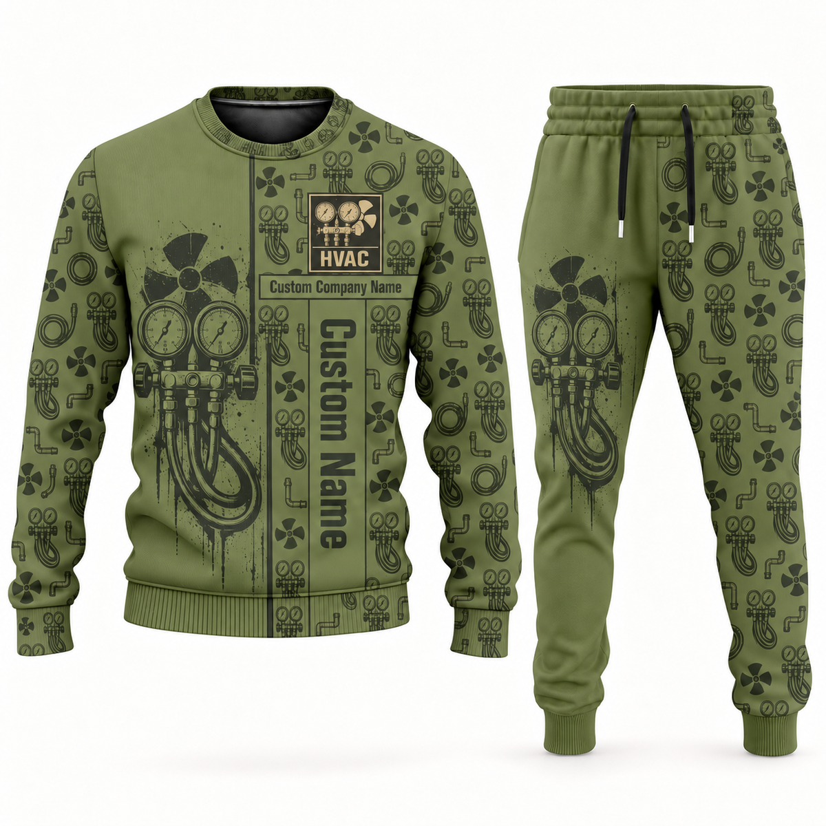 HVAC occupation-themed sweater and jogger combo olive color with name and company artwork