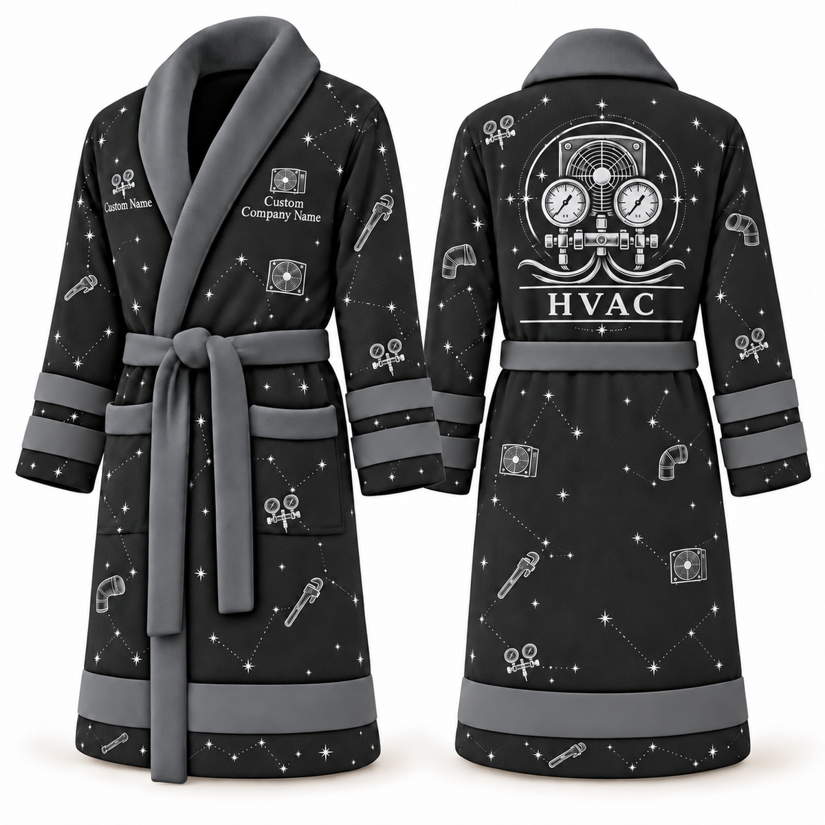 Personalized HVAC Bathrobe - Night Shift slate front and back view