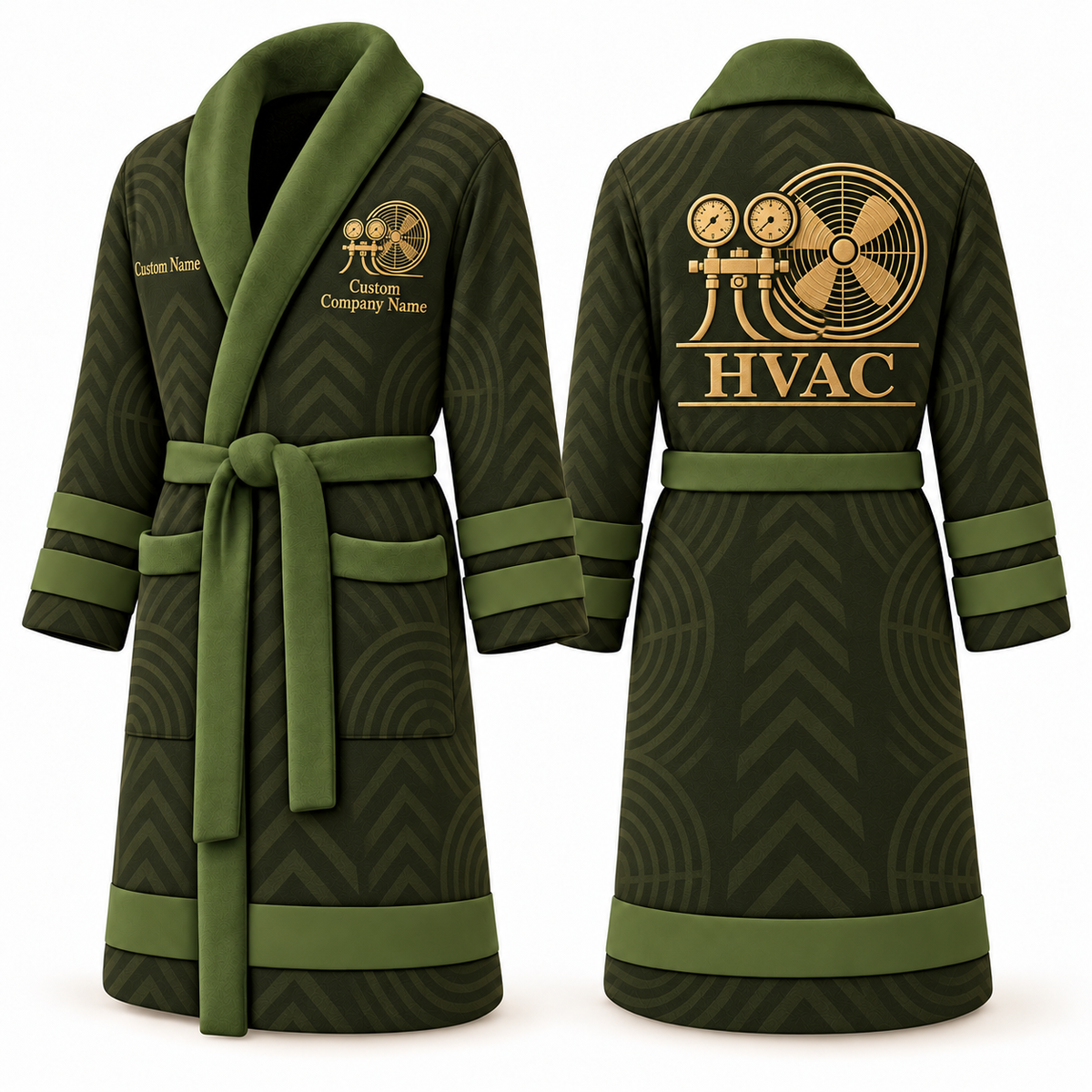 Personalized HVAC Bathrobe - Signature Silhouette olive front and back view