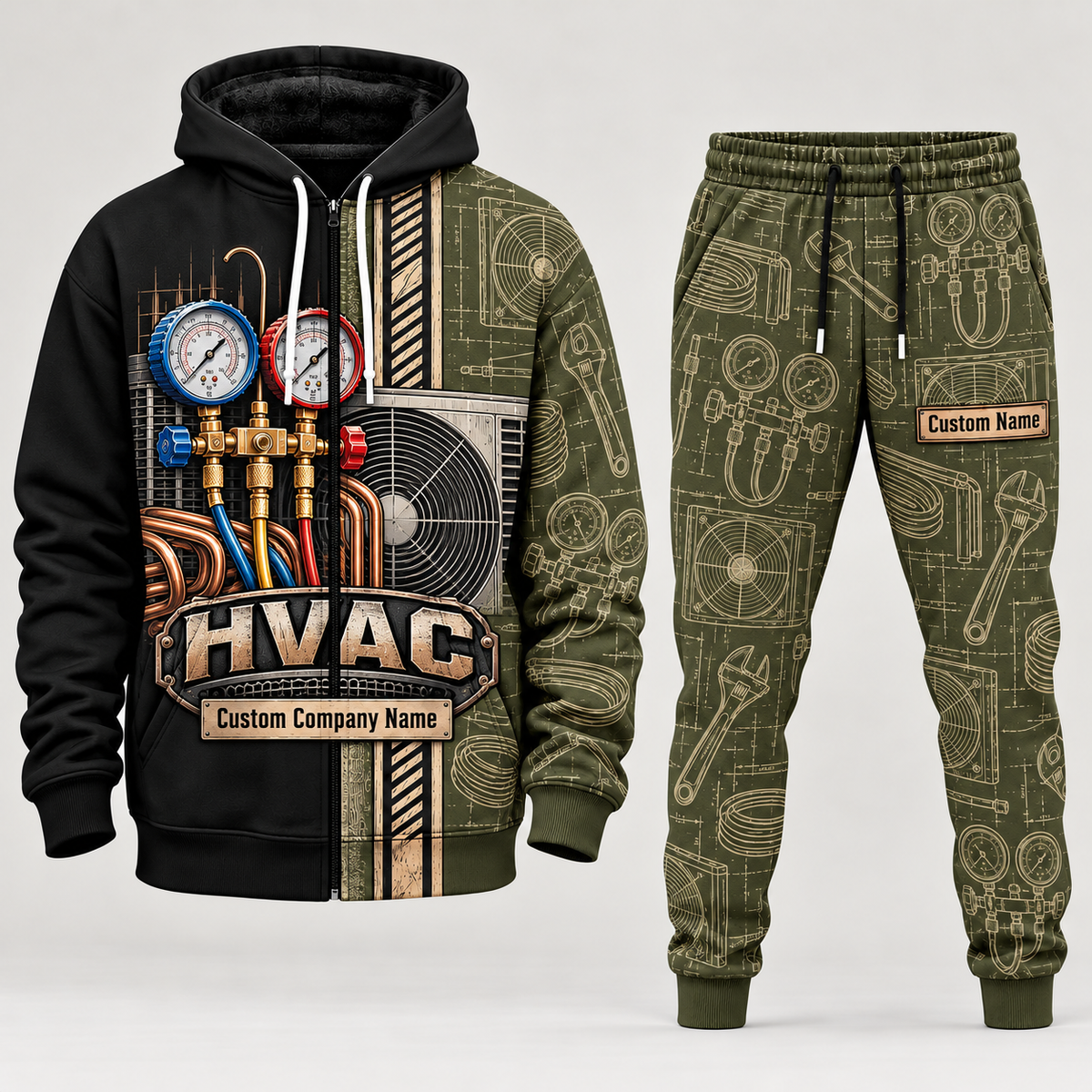 hvac full-zip hoodie and matching joggers - olive catalog view