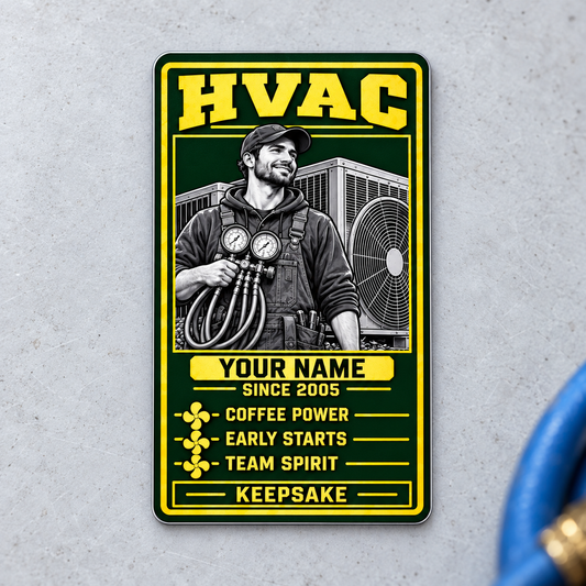 Front of the HVAC Trade Legend aluminum wallet card on a light workshop surface.
