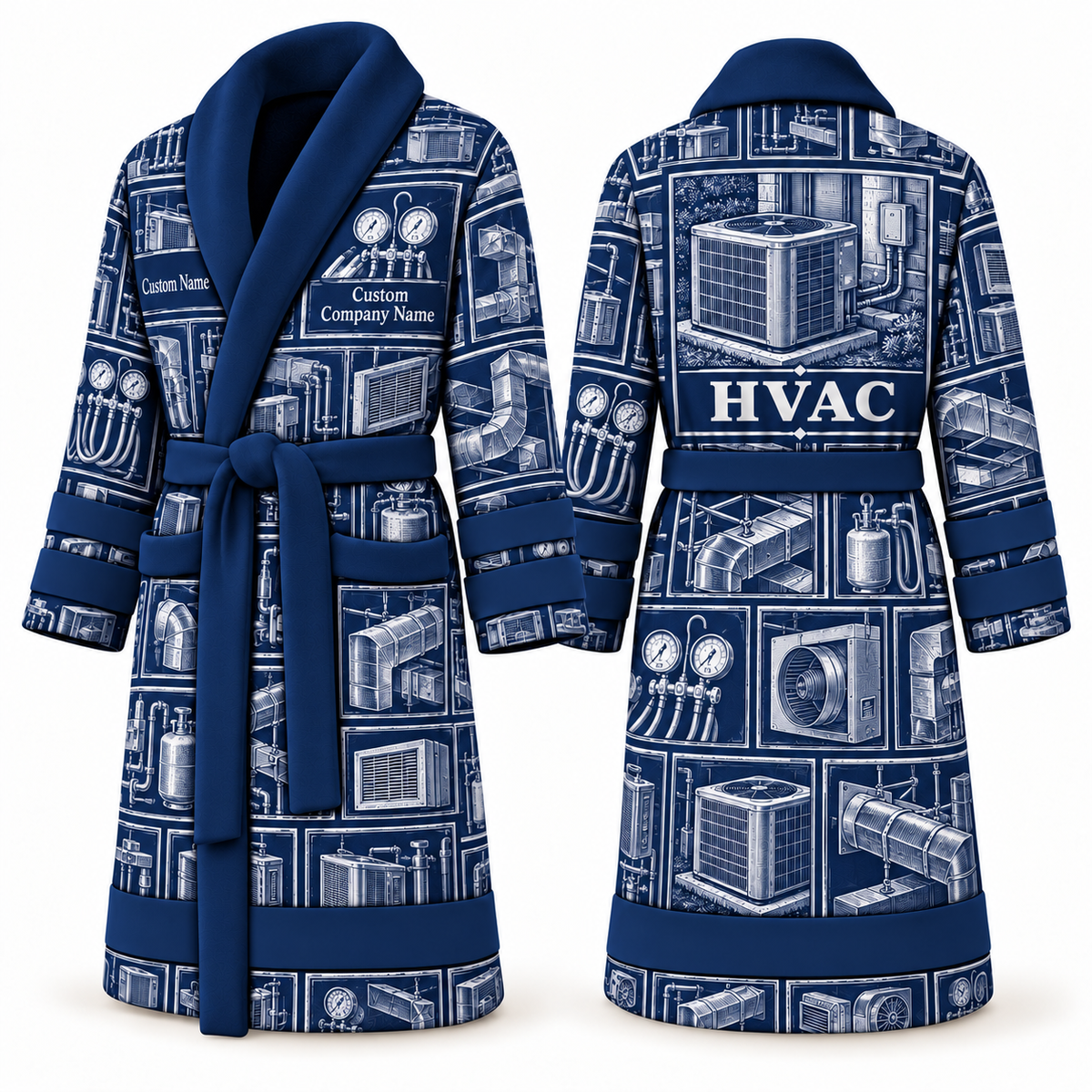 Personalized HVAC Bathrobe - Vintage Patchwork blue front and back view