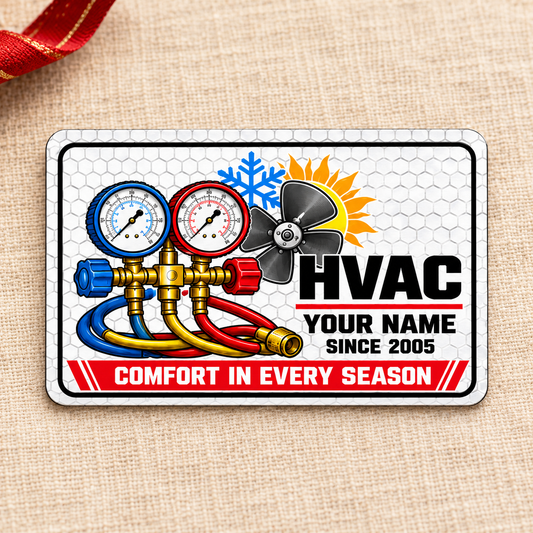 HVAC Aluminum Wallet Card - Honeycomb Pride front on a subtle tabletop.