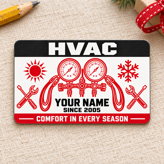HVAC Aluminum Wallet Card - Red Monochrome front on a subtle tabletop.