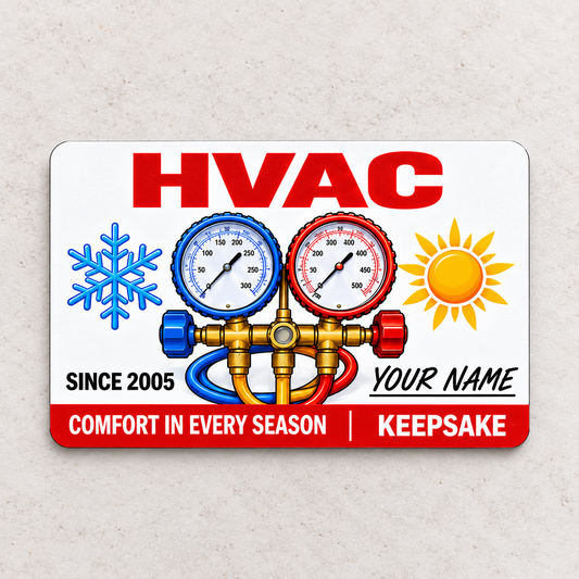 HVAC Aluminum Wallet Card - Signature Classic front on a subtle tabletop.