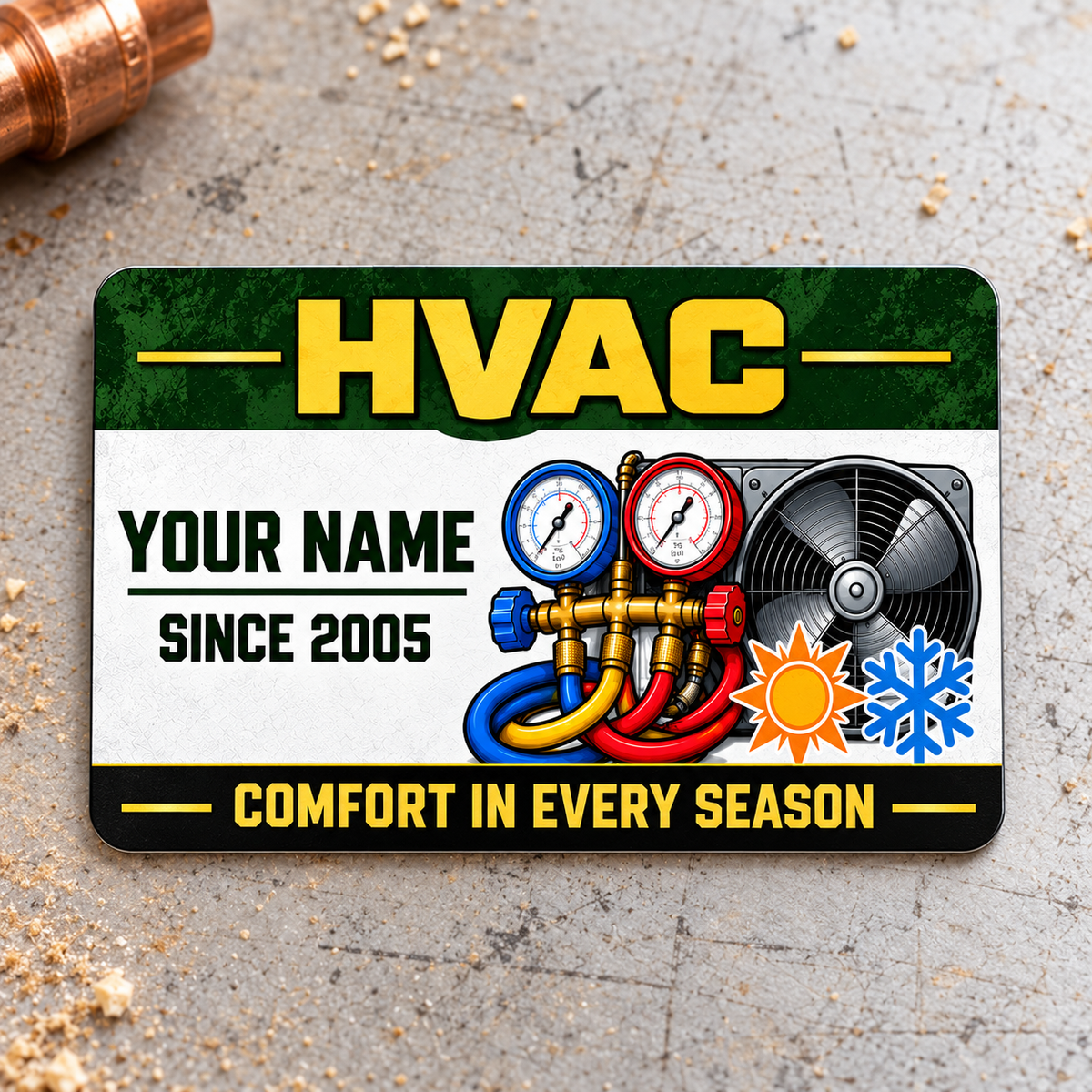 HVAC Aluminum Wallet Card - Heritage Band front on a subtle tabletop.