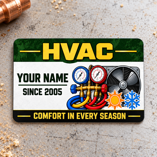 HVAC Aluminum Wallet Card - Heritage Band front on a subtle tabletop.