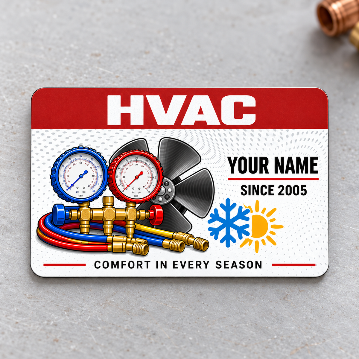 HVAC Aluminum Wallet Card - Red Header front on a subtle tabletop.