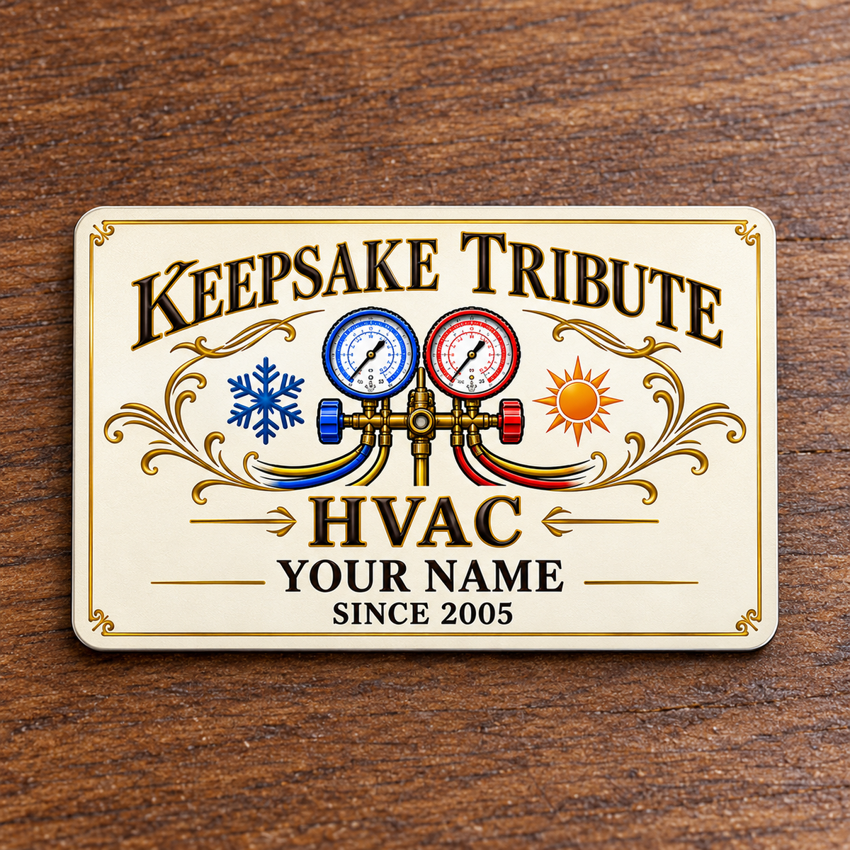 HVAC Aluminum Wallet Card - Ivory Heritage front on a subtle tabletop.