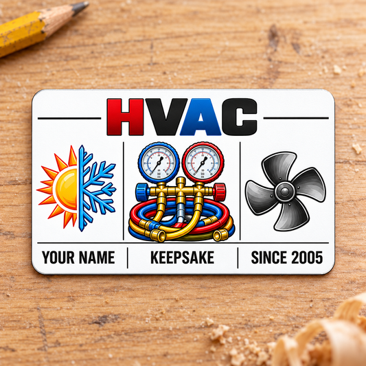 HVAC Aluminum Wallet Card - Minimal Tool Grid front on a subtle tabletop.