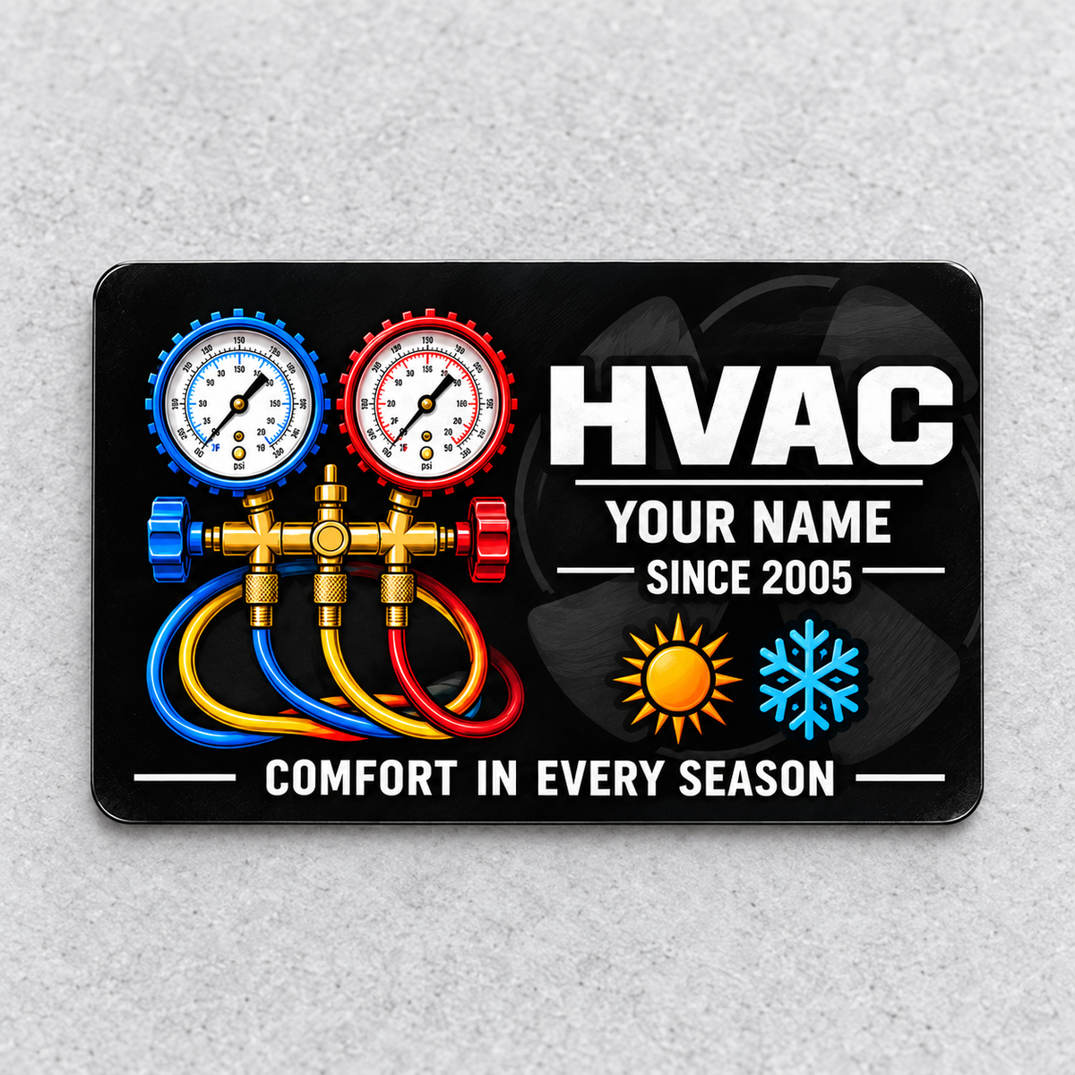 HVAC Aluminum Wallet Card - Midnight Pride front on a subtle tabletop.