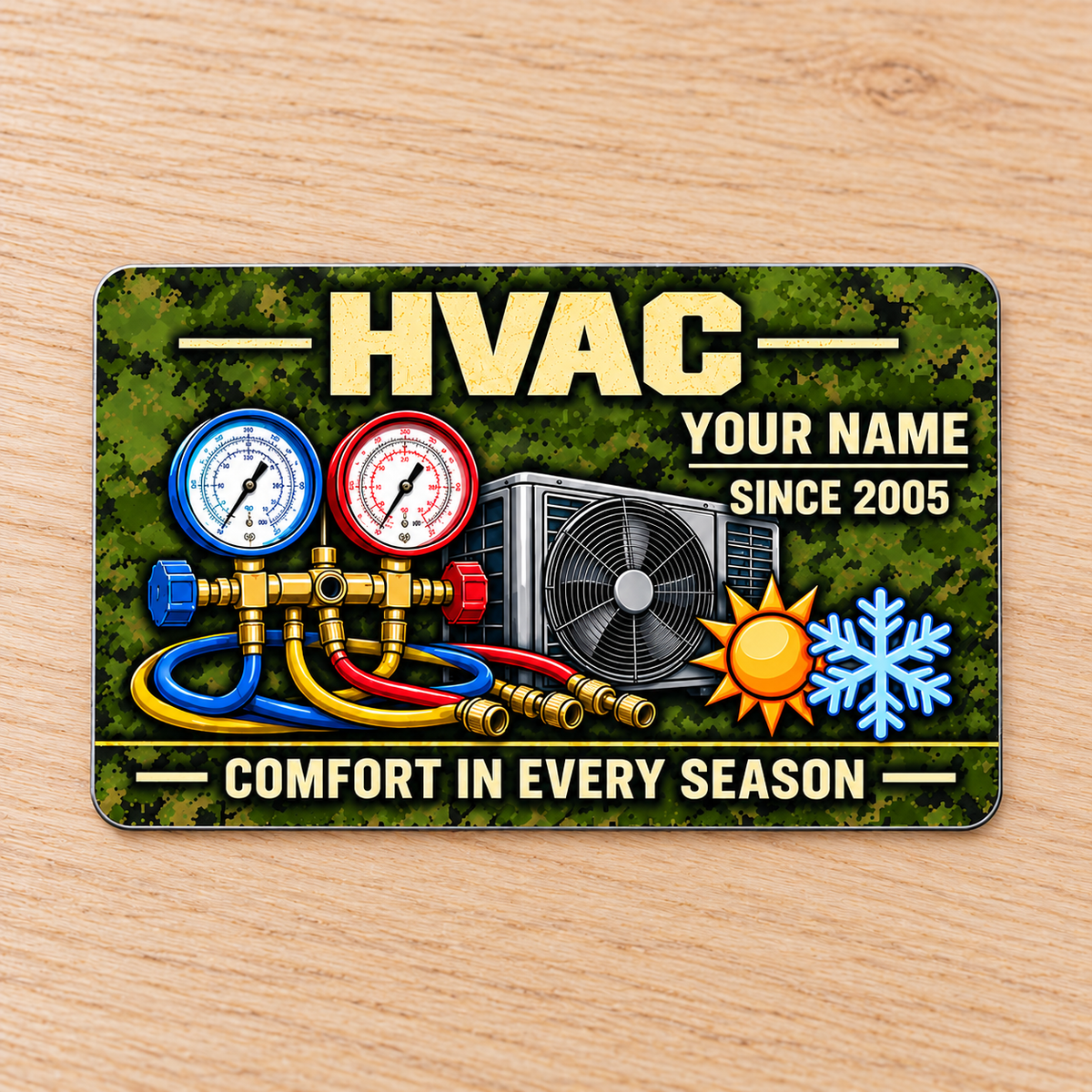 HVAC Aluminum Wallet Card - Rugged Field front on a subtle tabletop.