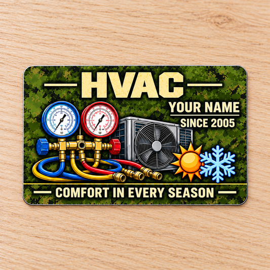 HVAC Aluminum Wallet Card - Rugged Field front on a subtle tabletop.