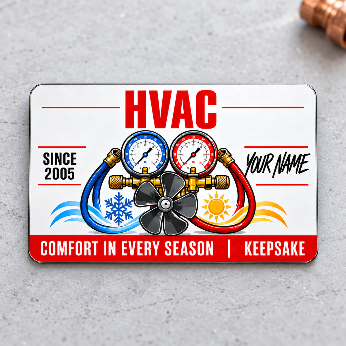 HVAC Aluminum Wallet Card - Signature Modern front on a subtle tabletop.