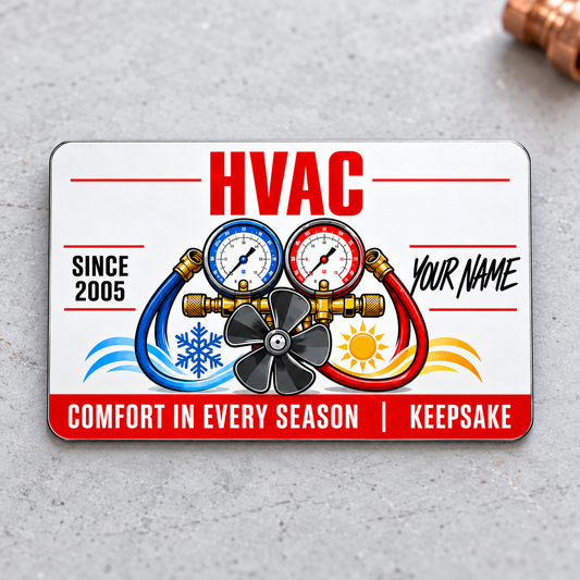 HVAC Aluminum Wallet Card - Signature Modern front on a subtle tabletop.