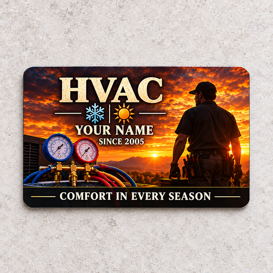 HVAC Aluminum Wallet Card - Sunset Workday front on a subtle tabletop.
