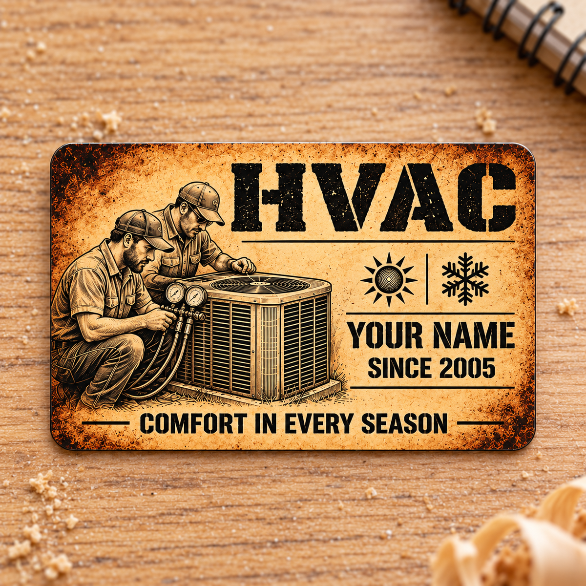 HVAC Aluminum Wallet Card - Sepia Legacy front on a subtle tabletop.