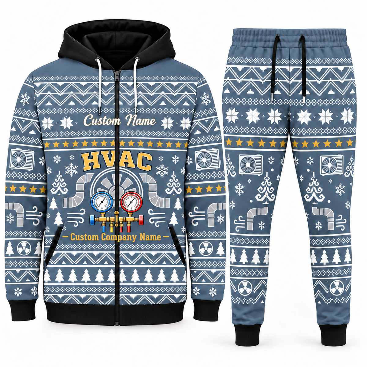 hvac blue-gray Winter Snowflake full-zip hoodie and jogger combo with Custom Name and Custom Company Name