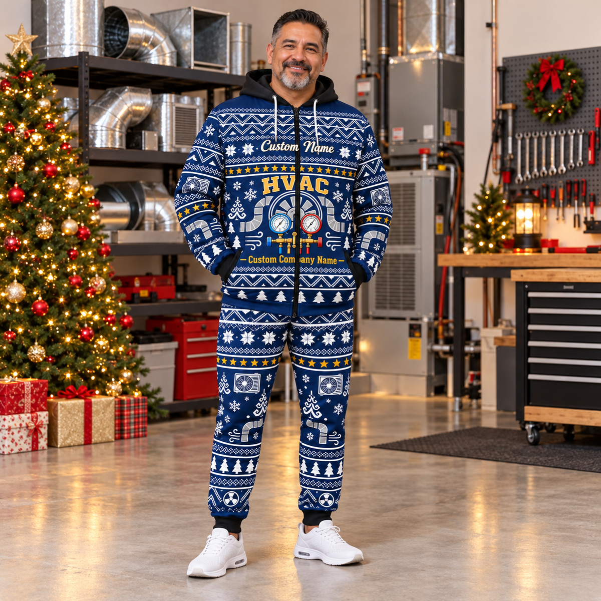 hvac hero Winter Snowflake full-zip hoodie and jogger combo with Custom Name and Custom Company Name