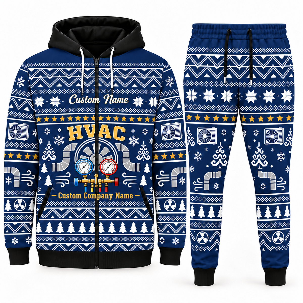 hvac navy Winter Snowflake full-zip hoodie and jogger combo with Custom Name and Custom Company Name