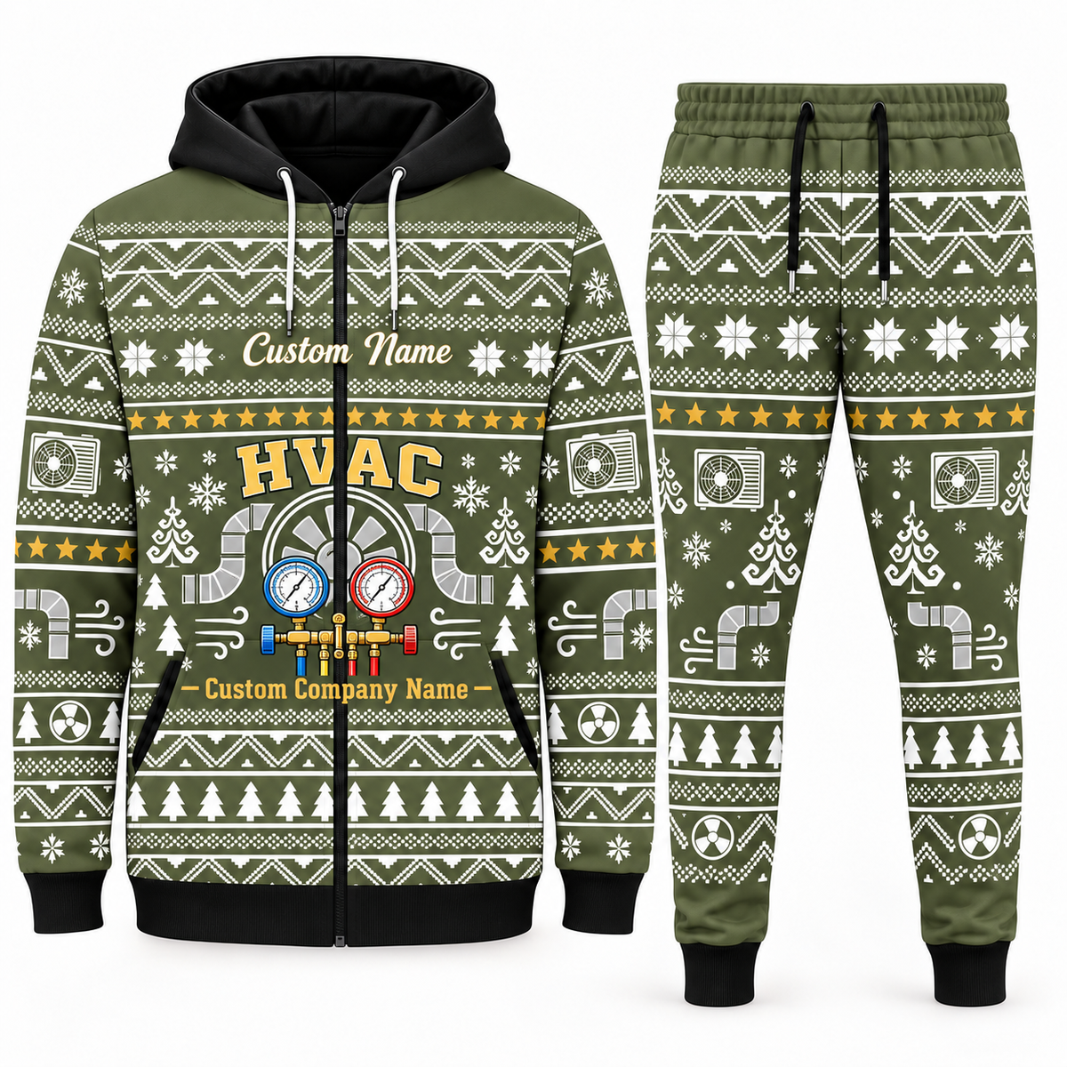 hvac olive Winter Snowflake full-zip hoodie and jogger combo with Custom Name and Custom Company Name