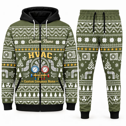 hvac olive Winter Snowflake full-zip hoodie and jogger combo with Custom Name and Custom Company Name
