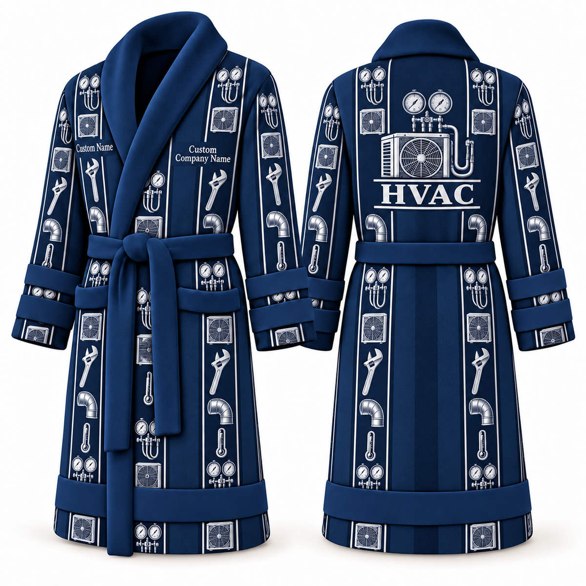 Personalized HVAC Bathrobe - Workbench Stripes blue front and back view