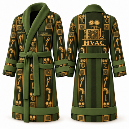 Personalized HVAC Bathrobe - Workbench Stripes olive front and back view