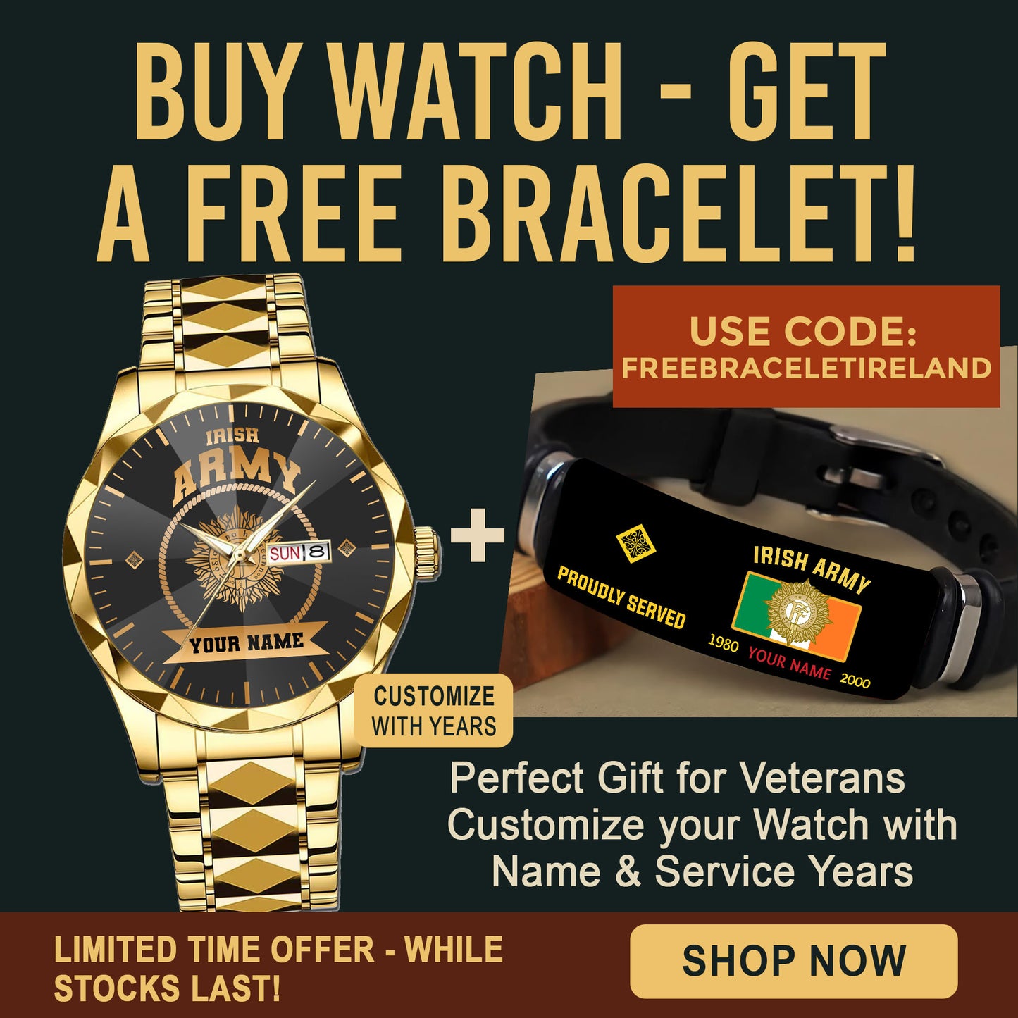 Personalized Ireland Soldier/ Veteran With Rank And Name Gentleman Crystal Metal Watch - 17442432
