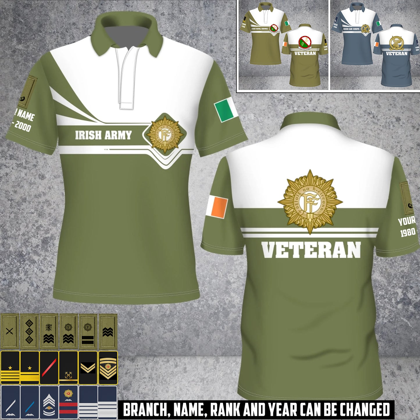Personalized Ireland Soldier/Veteran Camo with Rank, Name And Year POLO All Over Printed - 17462304