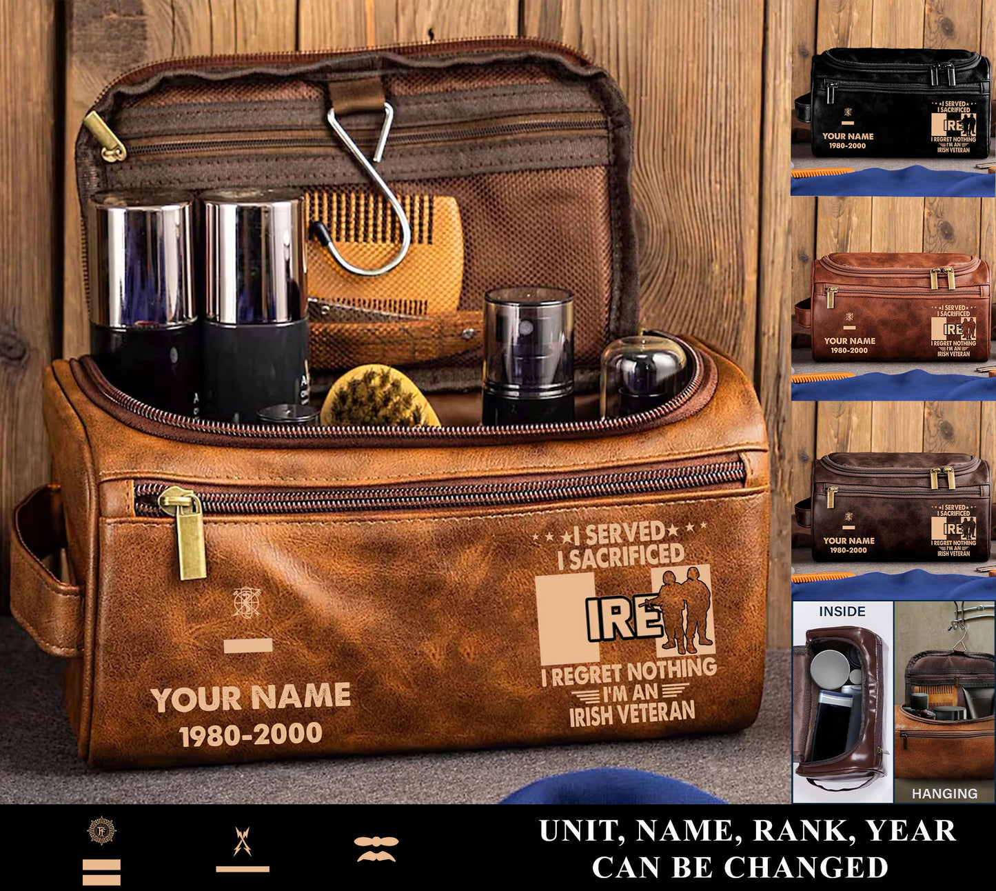 Personalized Ireland Soldier/ Veteran With Name And Rank Leather Toiletry Bag - 17591040