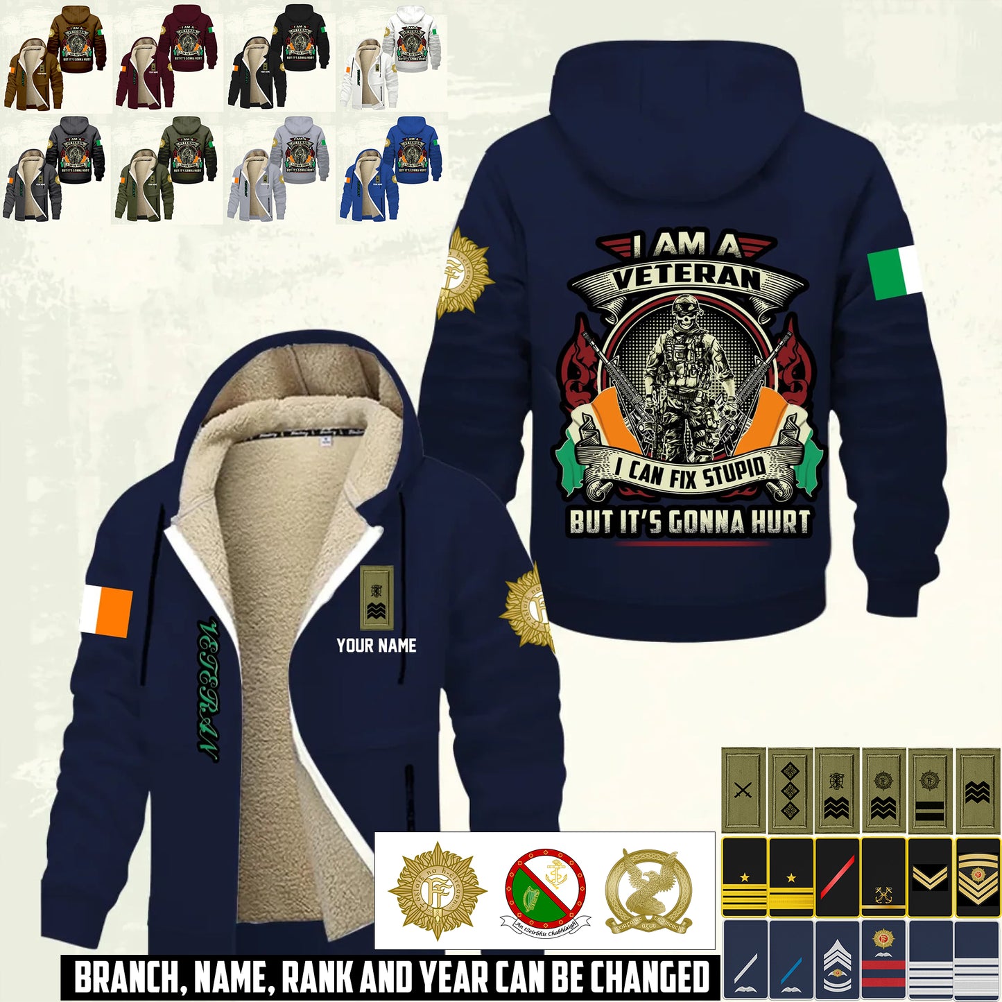 Personalized Ireland Soldier/ Veteran With Name And Rank Hoodie Zip Velvet Coat - 17552160