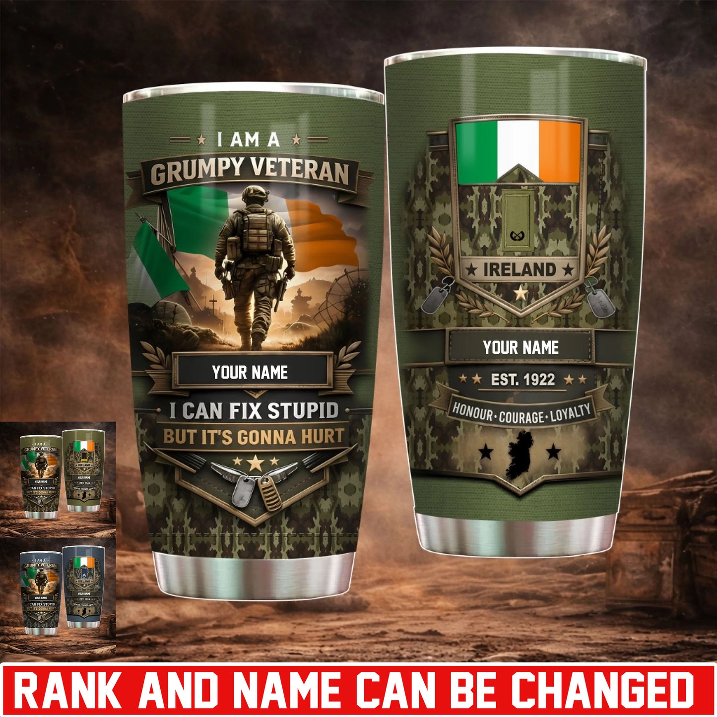 Personalized Ireland Veteran/ Soldier With Rank And Name Camo Tumbler - 17731872