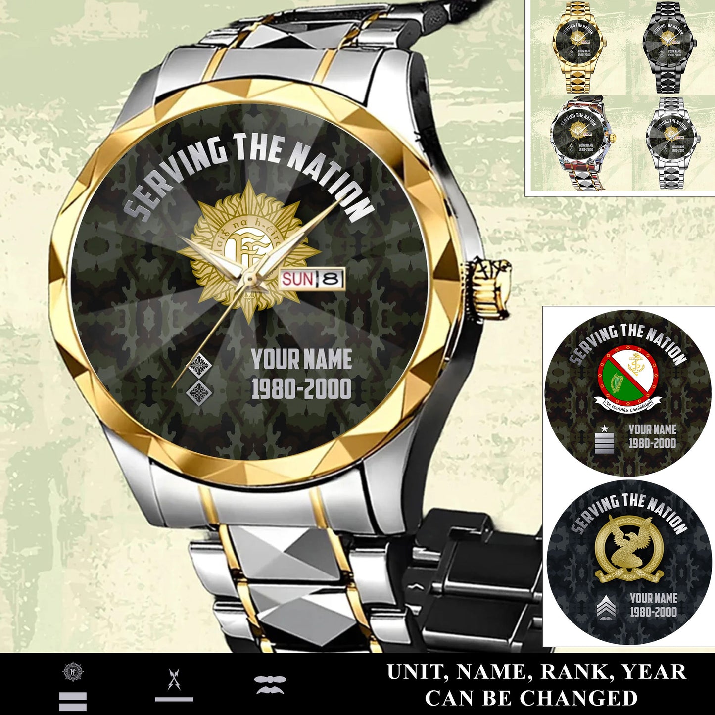 Personalized Ireland Soldier/ Veteran With Name, Rank And Year Gentleman Crystal Metal Watch - 17568576