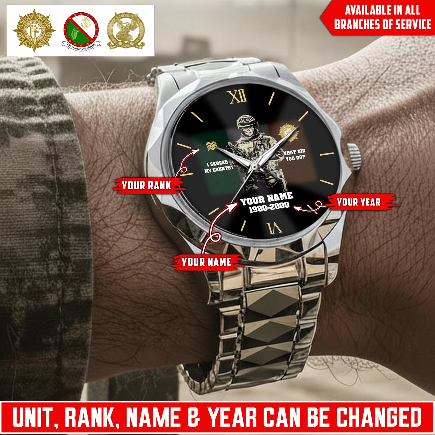 Personalized Ireland Soldier/Veteran with Name, Year and Rank Diamond-Cut Bezel Watch - 17623872