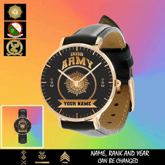 Personalized Ireland Soldier/ Veteran With Name, Rank and Black Stitched Leather Watch - 17424288 - Gold Version