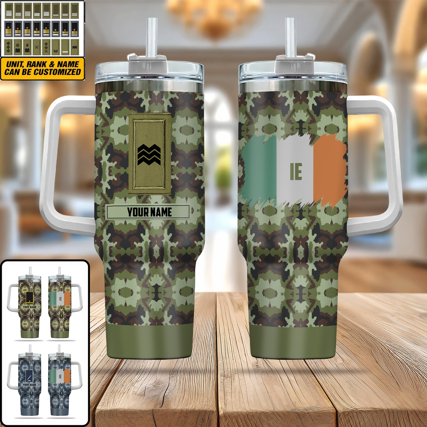 Personalized Ireland Soldier/ Veteran Camo With Name And Rank 40oz Tumbler 3D Printed - 17060544