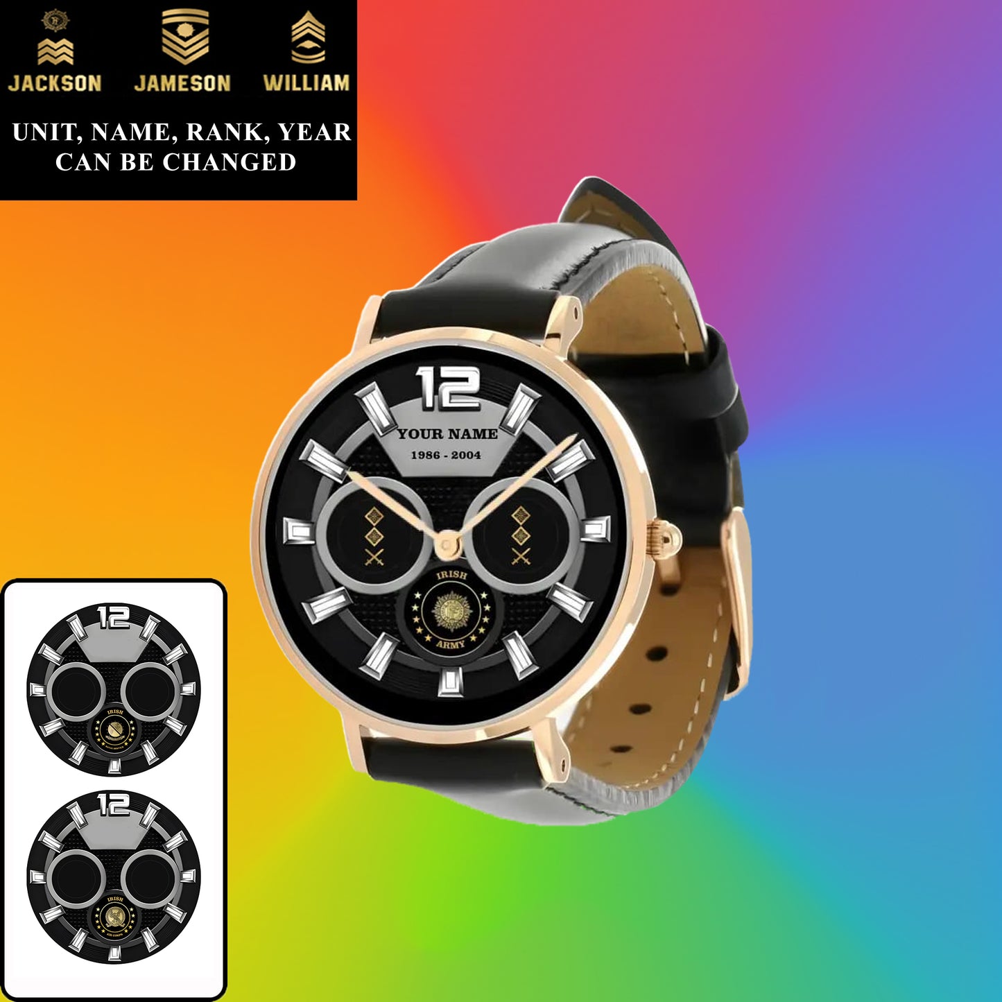 Personalized Ireland Soldier/ Veteran With Name, Rank and Year Black Stitched Leather Watch - 27042401QA - Gold Version