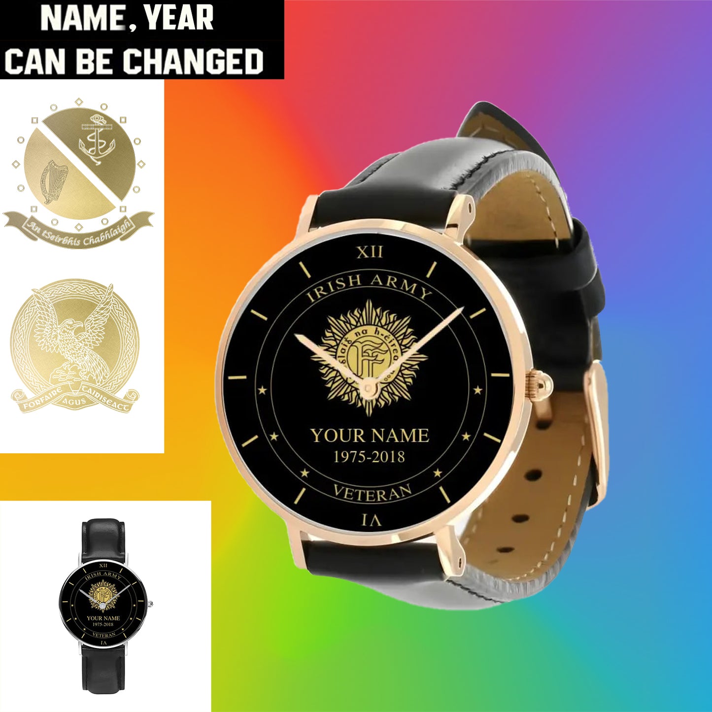 Personalized Ireland Soldier/ Veteran With Name And Year Black Stitched Leather Watch - 17105472 - Gold Version