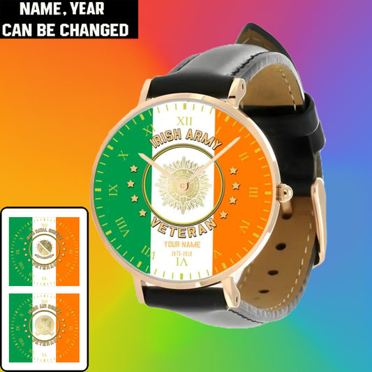 Personalized Ireland Soldier/ Veteran With Name And Year Black Stitched Leather Watch - 0204240001 - Gold Version