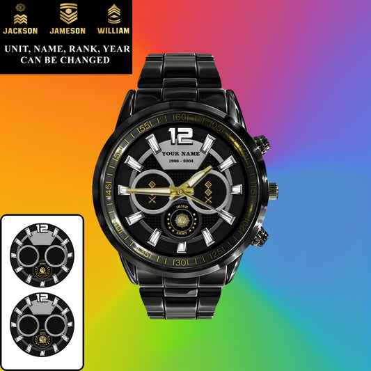 Personalized Ireland Soldier/ Veteran With Name, Rank and Year Black Stainless Steel Watch - 27042401QA - Gold Version