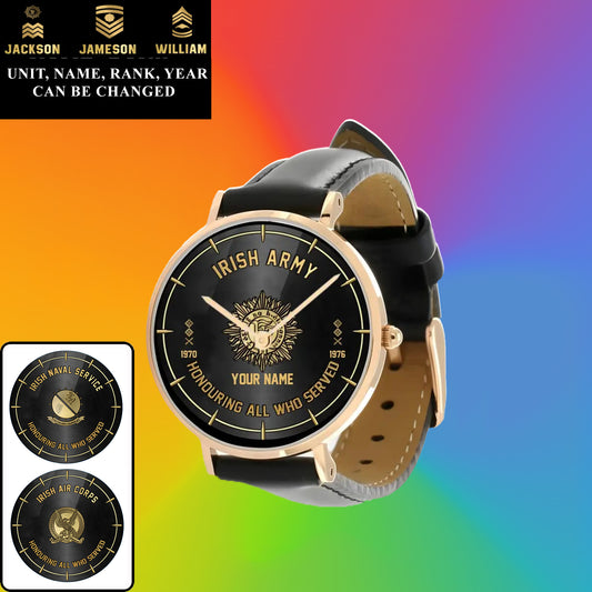 Personalized Ireland Soldier/ Veteran With Name, Rank and Year Black Stitched Leather Watch - 26042401QA - Gold Version